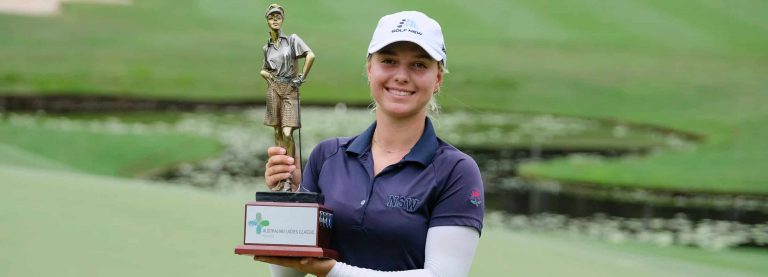 Stephanie Kyriacou holding the Australian Ladies Classic trophy